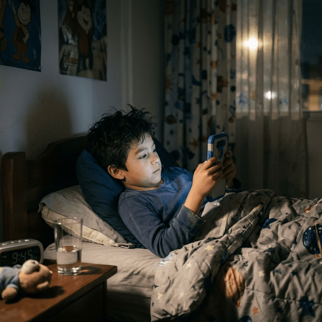 Boy lying in bed looking at smartphone screen in dimly lit room